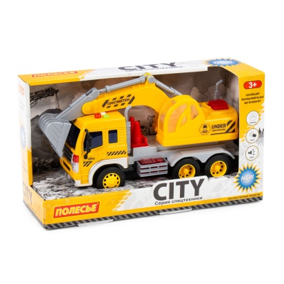Сити, автомобиль-экскаватор инерционный (со светом и звуком) (жёлтый) 86365